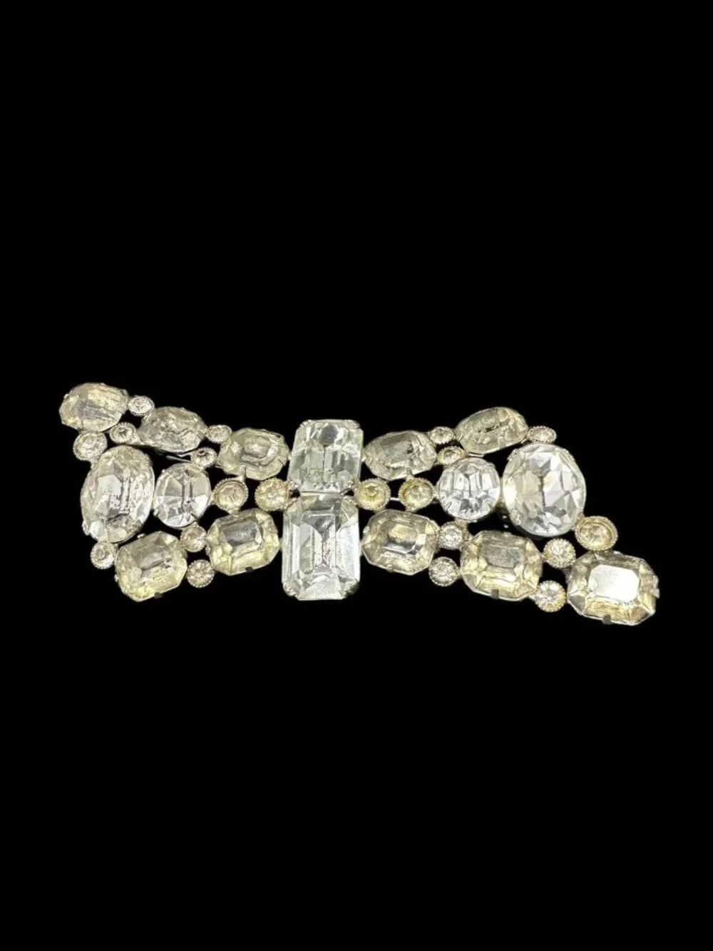Vintage Paste Crystal Clear Rhinestone Brooch Pin Large Silver Tone